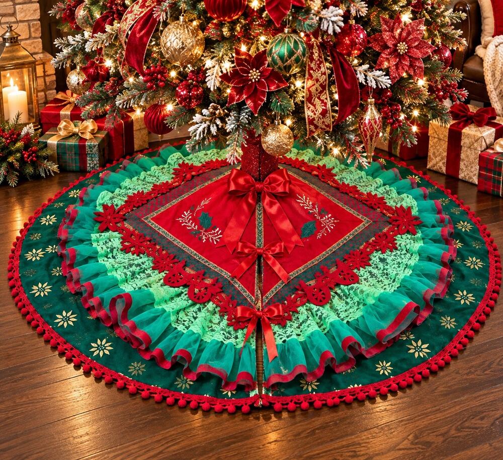 Handmade 60” Red Green Lace Christmas Tree Skirt Heirloom Holiday Decor